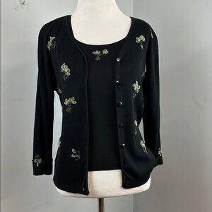 Vtg CLEO Black and Green Shamrock Knit Cami Tank & Cardigan  Set Sz S/M P
